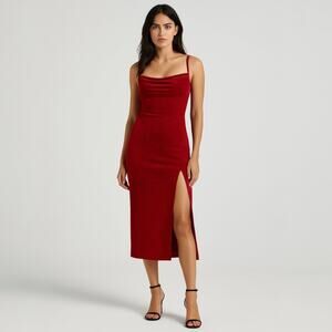 NEW Windsor Red Sleeveless Cowl Neck Glitter Cami Slit Tank Slip Midi Dress S